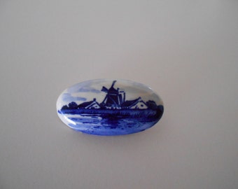 Windmill Landscape Delft Oval Porcelain Brooch,  Vintage,  Gifts for her #4429