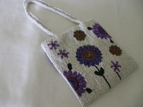 White Beaded Bag with Purple and Gold Floral Patt… - image 1