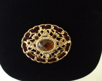 Gold Tone with Amber and Rhinestones Victorian Brooch or Pendant