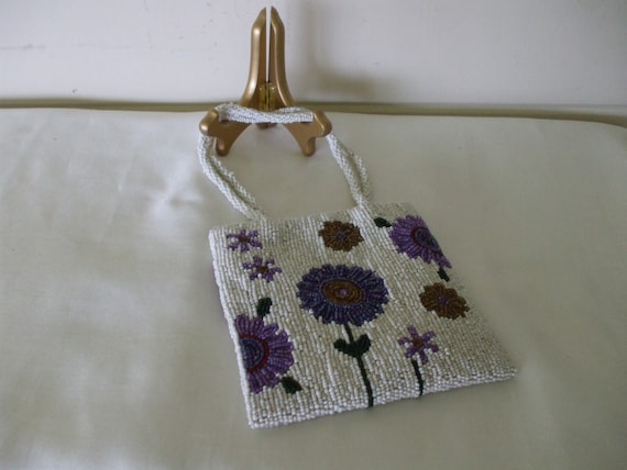 White Beaded Bag with Purple and Gold Floral Patt… - image 2