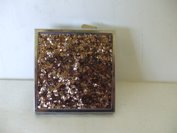 Compact - Glittery Gold and Brown - Silver Tone C… - image 1
