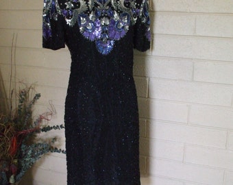 Black Beaded/ Sequined  Dress  By  Lawrence Kazar -1980s - Silver/Blue Sequins - Formal  Wear - Party, - Cruise, #1497