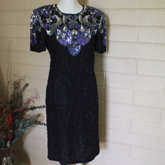 Black Beaded/ Sequined Dress By Lawrence Kazar -1980s - Silver/Blue Sequins - Formal Wear - Party, - Cruise, #1497 Black Beaded/ Sequined Dress By Lawrence Kazar -1980s - Silver/Blue Sequins - Formal Wear - Party, - Cruise, #1497