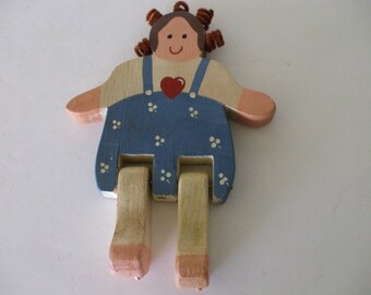Wooden Doll - Handpainted - Movable Legs - Vintage - Folk Art - Hearts - Pipe Cleaner Hair - #1450