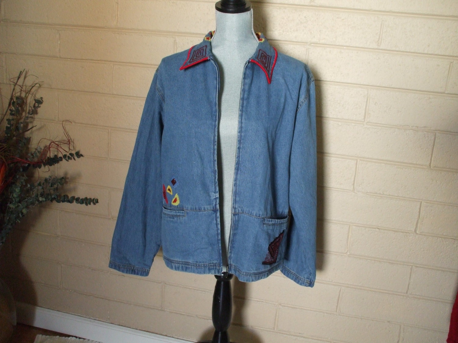 Chico's Demin Jacket embroidered Beaded Red Panel and - Etsy