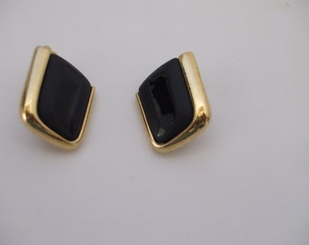 Trifari Gold Tone Balck Enamel Clip Ons,  Bold  Classic Design, Signed,  Vintage,  Gifts for Her,