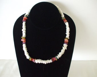 Puka Shell Necklace White Chips With Colored Crystals, Vintage, , Gifts,  #5081