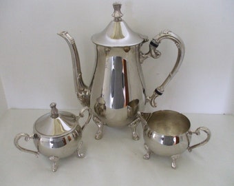 F B Rogers Silver Plate Coffe Pot, Creamer, Sugar Bowl - Footed - Match Set - Vintage - Gifts - Wedding - #1135