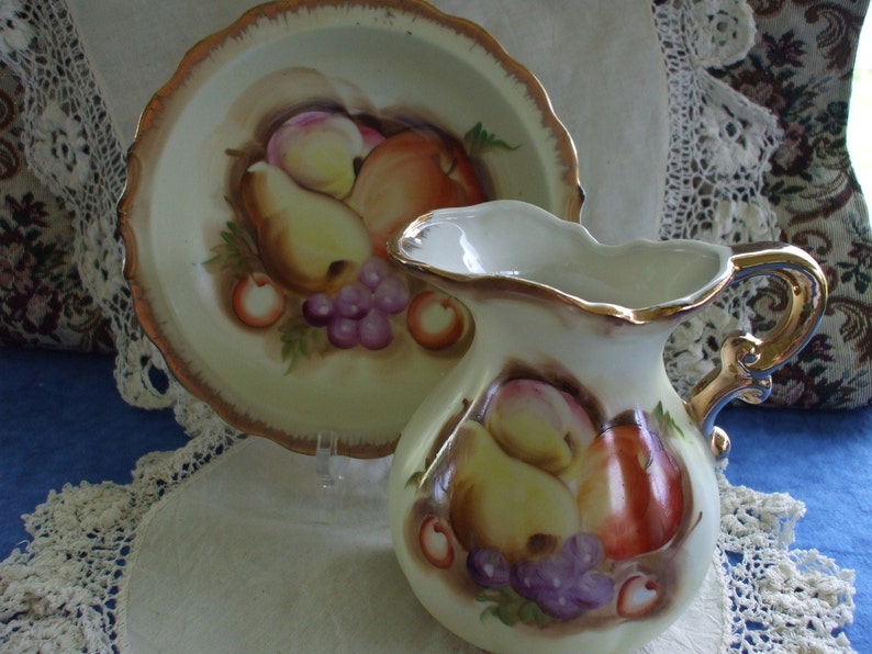 Rubens Pitcher/Basin Porcelain Hand Painted Fruit, Gold Trim Vintage Gifts Collectibles image 2