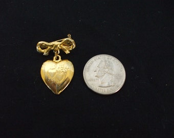 Gold Tone Etched Bow with Dangling Heart,   Brooch - Pin