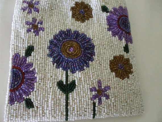 White Beaded Bag with Purple and Gold Floral Patt… - image 3