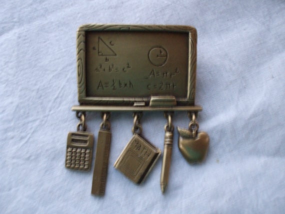 School Brooch,  Math Teacher,  Chalkboard Brooch with 5 Math Charms - Signed JJ - Pin - Vintage - Teacher - Gifts