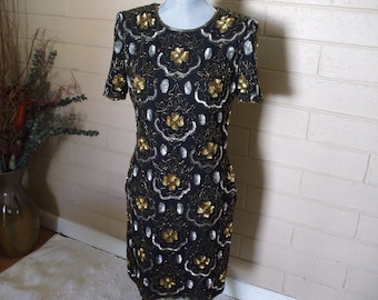 Andrianna Papell Gold, Silver Sequined Black Evening Dress Bronze Beads , S10