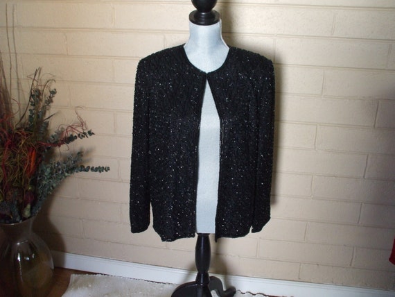 Laurence Kazar, Black Sequined and Box Beads Jacket.,    Prom,  Cruise, Party, Glam.