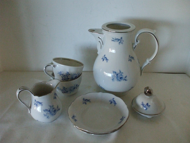 Bavarian Germany Tea Set Blue Rose Buds Silver Trim 6 Piece Gifts 318