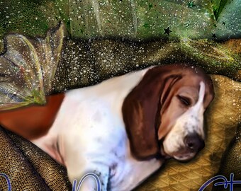 Basset Bassett Hound Sleeps Wings Angel Halo Pet Memorial Tribute Sympathy Rainbow Bridge Pet Loss Furbaby Wall Art Print Poster Blank Card