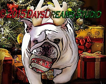 White Bulldog Stealing a Christmas Ornament off the Tree 5x7 Holiday Card or Colorful Adorable Pop Art Wall Print Gift Holiday Xmas Edition