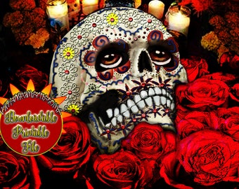 Dia de los Muertos, DOTD, Day of the Dead DDLM Calavera Decoration Print Sugar Skull Flowers Red Roses Flowers Candle Instant Downloadable
