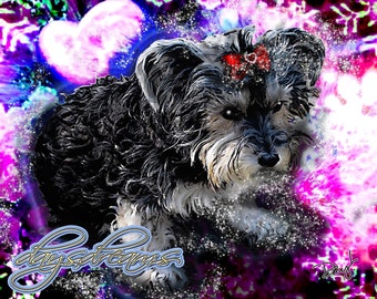 Morkie Yorkie Maltese Yorkshire Terrier With Red Bow Hearts Fairydust Pet Portrait Wall Art Print, Poster or Blank Card Personalized | Gift