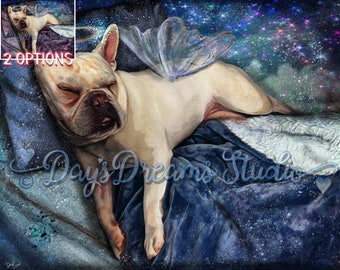 White Frenchie French Bulldog Wings Angel, Halo Pet Memorial, Tribute Sympathy, Rainbow Bridge Pet Loss Furbaby Wall Art or Card , 2 Colors