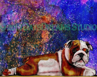 English Bulldog EBD Bullie Puppy Colorful Pet Portrait or Loss Memorial Condolence Sympathy Wall Art Print Poster Card Gift | Personalized