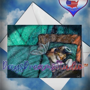 Calico Mostly White Tortie Tri-Color Cat Sleeping Angel Wings Halo Pet Memorial Rainbow Bridge Tribute Sympathy Card Wall Art Print Gift 5x7 matte card