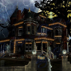 Haunted Queen Anne Victorian Mansion Halloween #6 Original Art Illustration Print Green Turrets Ghosts Spirits Full Moon Cheerful Spooky