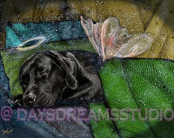 Black Lab Labrador Retriever Dog Sleeping Wings Angel Halo Pet Loss Memorial Rainbow Bridge Condolence Art Print Card Gift | Personalized