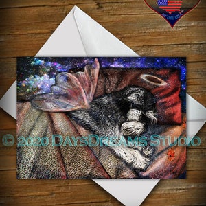 Schnauzer Miniature Dog Pet Memorial Rainbow Bridge Tribute Sleeping Angel Halo Wings Condolence Sympathy Card or Wall Art Print Gift 5x7 matte card