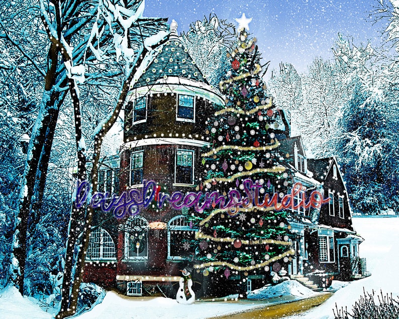 Xmas Christmas Holiday Gorgeous Victorian House Snow Scene Decoration Huge Pine Tree Snowman Original Art Print, Poster. Card Gift image 1