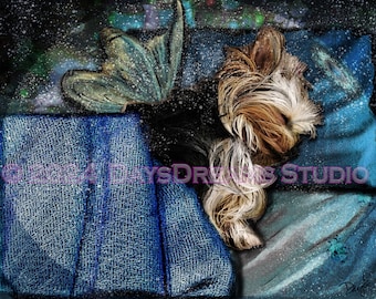 Yorkie Yorkshire Terrier Sleeping Angel Wings Tribute Sympathy Rainbow Bridge Halo Memorial Pet Loss Print Poster, Blank Card Gift 2 Colors