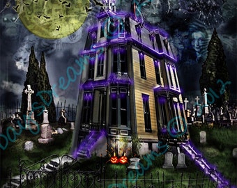 Original Addams Family TV Show Haunted House Halloween Tribute Art Exterior Look at Sky 8x8 Wall Art Gift