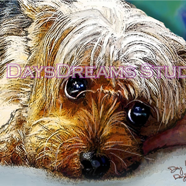 Gorgeous Yorkie Yorkshire Terrier Puppydog Eyes Dog Pop Art Illustration Watercolor Background Card Wall Art Print or Poster Gift