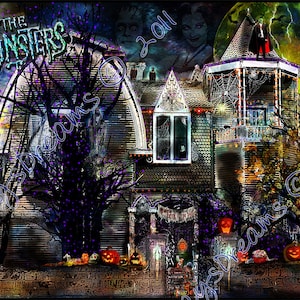 Halloween 1313 Mockingbird Lane Munster House, Lily , Herman or Eddie with Woof Woof, Choose One,  Interior, Original Art Illustration Print
