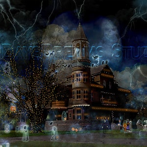 Halloween Victorian Haunted Mansion, Ghoulish, Ghosts, Skeletons, Spooky, Vultures, Trick Treat Headed Horseman Print Backdrop Art Mural