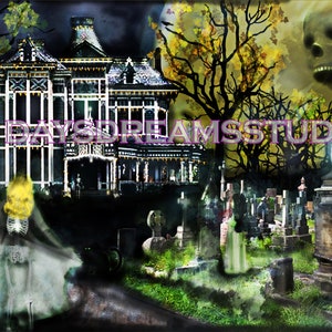 Haunted Victorian Mansion Halloween Art Print: Ghost, Cemetery, Full Moon