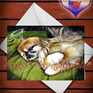 Pekingese Pekinese Angel Wings, Halo, Tribute Sympathy, Rainbow Bridge Pet Loss Memorial Furbaby Print Wall Art Poster Blank Card Gift 5x7 matte card