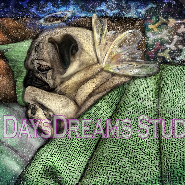 Fawn Pug Memorial Condolence Sympathy Commemorate Sleeping Angel Wings Halo Rainbow Bridge Pet Loss Wall Art Print Gift | Personalized