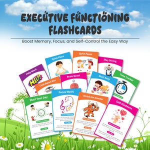 May include: A collection of colorful flashcards titled "EXECUTIVE FUNCTIONING FLASHCARDS" with the tagline "Boost Memory, Focus, and Self-Control the Easy Way." Each card features illustrations and text prompts for various activities, including "Help Word" and "Shrink the Monster."