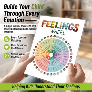 May include: A Feelings Wheel chart with the text "Guide Your Child Through Every Emotion" and "Helping Kids Understand Their Feelings." The chart is held by a person and features a colorful wheel with various emotions.