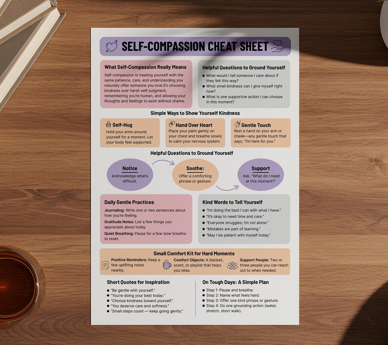 May include: A self-compassion cheat sheet with sections on self-compassion, helpful questions, and simple ways to show yourself kindness. The sheet includes tips for self-care, such as self-hugs, hand over heart, and gentle touch. The text is in black and various colors.