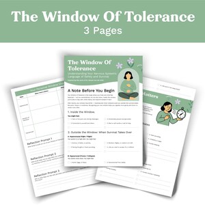 May include: Three-page document titled "The Window of Tolerance" with text and illustrations. The document is designed to help understand the nervous system's language of safety and survival. The pages are white with green accents and include prompts and checklists.