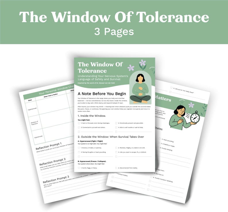 May include: Three-page document titled "The Window of Tolerance" with text and illustrations. The document is designed to help understand the nervous system's language of safety and survival. The pages are white with green accents and include prompts and checklists.