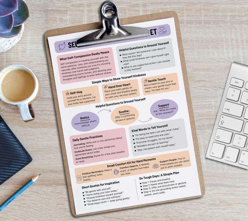 May include: A clipboard with a self-compassion guide, featuring text and graphics. The guide includes sections on self-kindness, helpful questions, and gentle practices. A cup of coffee, a keyboard, and a pencil are also visible.