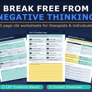 Könnte beinhalten: Drei Arbeitsblätter zur kognitiven Verhaltenstherapie mit dem Text "BREAK FREE FROM NEGATIVE THINKING". Die Arbeitsblätter umfassen "The 4-Step Reframe Method", "The 10 Thinking Traps" und "Self-Compassion Toolkit". Das Bild enthält auch den Text "CBT Evidence-Based" und "Instant Download".