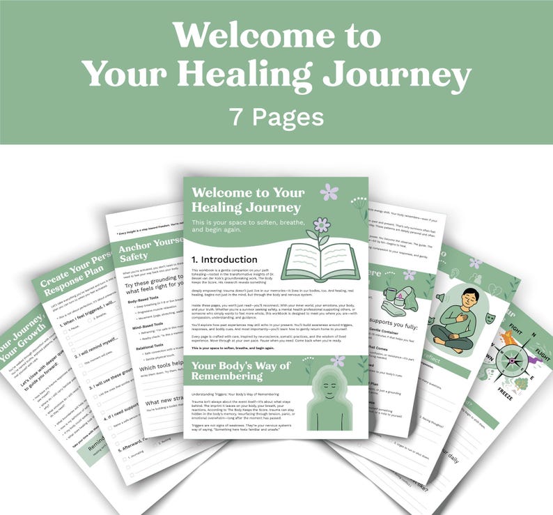 May include: A collection of seven-page guides titled "Welcome to Your Healing Journey." The guides feature illustrations of a book, flowers, and a person meditating. The pages are light green with white text and graphics. The guides are designed to help with personal growth.