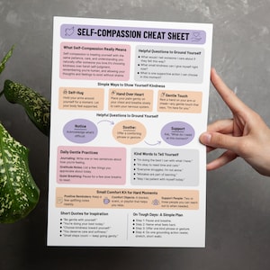 May include: A white self-compassion cheat sheet with purple and orange accents. The sheet includes tips on self-compassion, helpful questions, and daily gentle practices. The text includes "Self-Compassion Cheat Sheet" at the top.