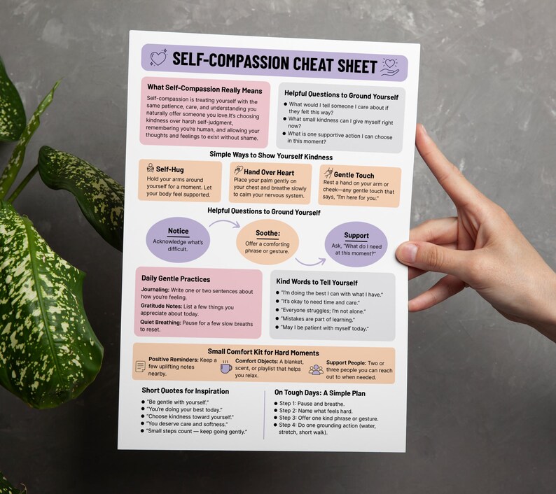 May include: A white self-compassion cheat sheet with purple and orange accents. The sheet includes tips on self-compassion, helpful questions, and daily gentle practices. The text includes "Self-Compassion Cheat Sheet" at the top.