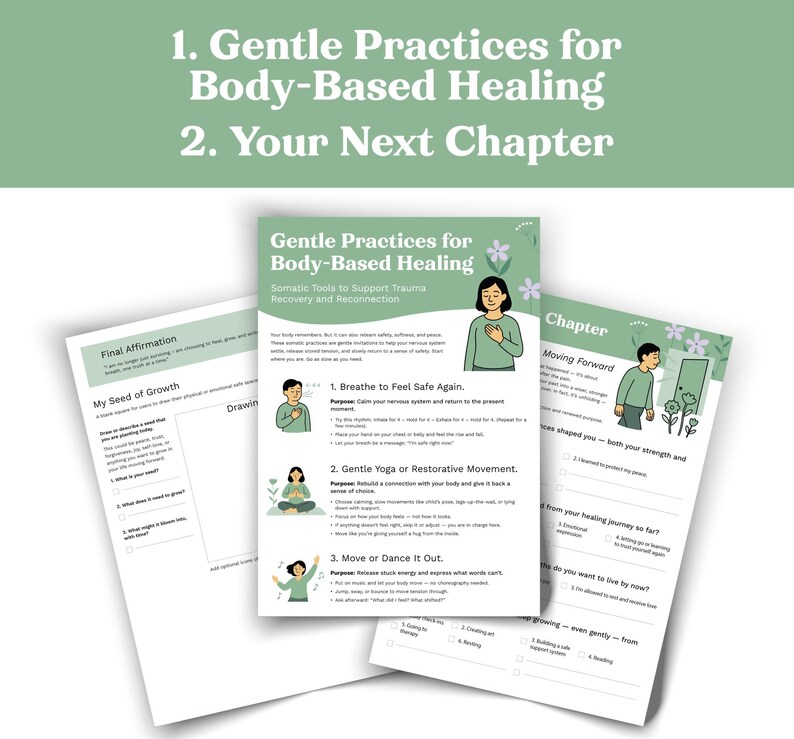 May include: Three-page document set with the title "Gentle Practices for Body-Based Healing" and the text "Somatic Tools to Support Trauma Recovery and Reconnection." The pages include illustrations and text about healing practices.