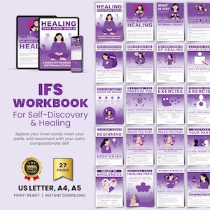 May include: A digital IFS workbook for self-discovery and healing, featuring a purple and white design. The workbook includes 27 pages and is available in US Letter, A4, and A5 sizes. The cover displays the title "Healing Your Inner World."